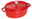 Rote ovale Cocotte mit Deckel und silbernem Knauf, seitliche Perspektive
