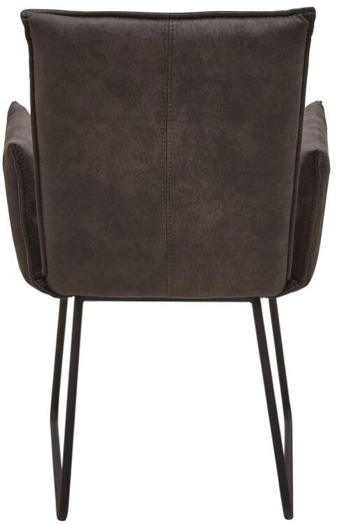 Rückansicht eines Sessels mit dunklem Stoffbezug und schwarzen Metallbeinen.