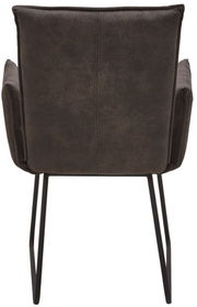 Rückansicht eines Sessels mit dunklem Stoffbezug und schwarzen Metallbeinen.