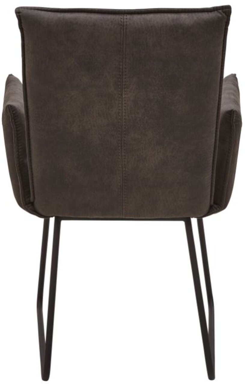 Rückansicht eines Sessels mit dunklem Stoffbezug und schwarzen Metallbeinen.