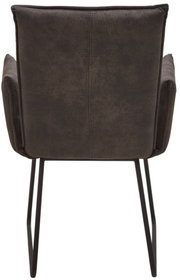 Rückansicht eines Sessels mit dunklem Stoffbezug und schwarzen Metallbeinen.