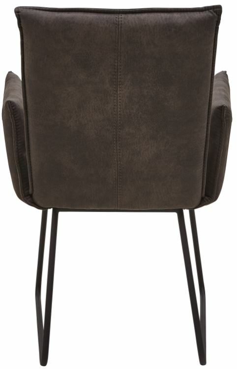 Rückansicht eines Sessels mit dunklem Stoffbezug und schwarzen Metallbeinen.