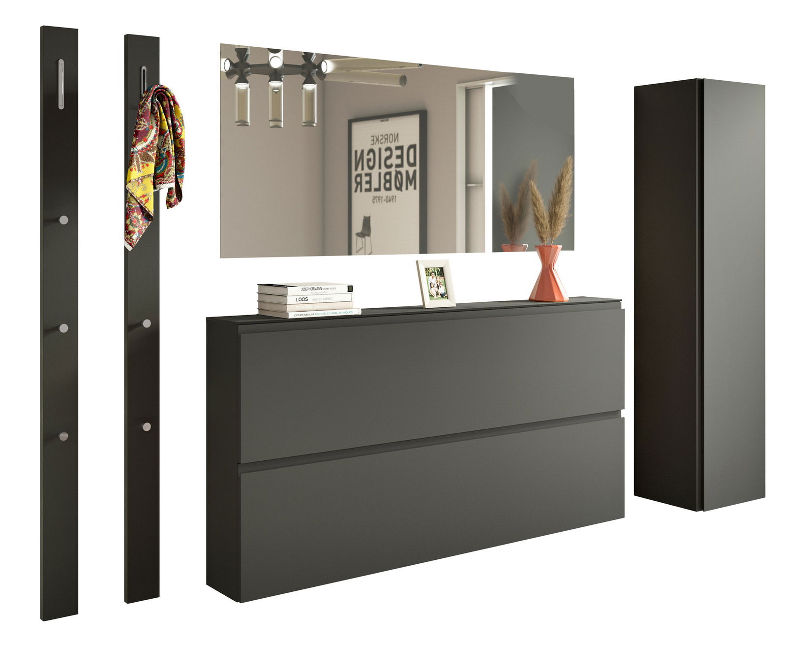 Modernes Garderobenset in dunklem Design mit Spiegel, Hakenleisten und Stauraum, frontal abgebildet.