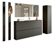Modernes Garderobenset in dunklem Design mit Spiegel, Hakenleisten und Stauraum, frontal abgebildet.