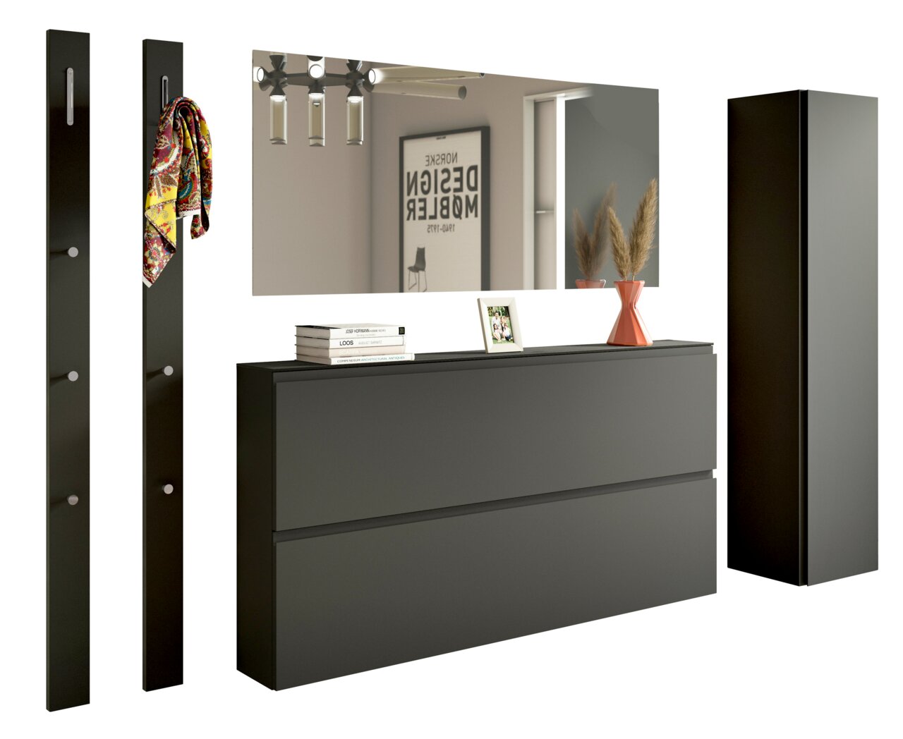 Modernes Garderobenset in dunklem Design mit Spiegel, Hakenleisten und Stauraum, frontal abgebildet.