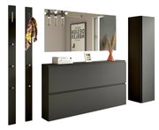 Modernes Garderobenset in dunklem Design mit Spiegel, Hakenleisten und Stauraum, frontal abgebildet.