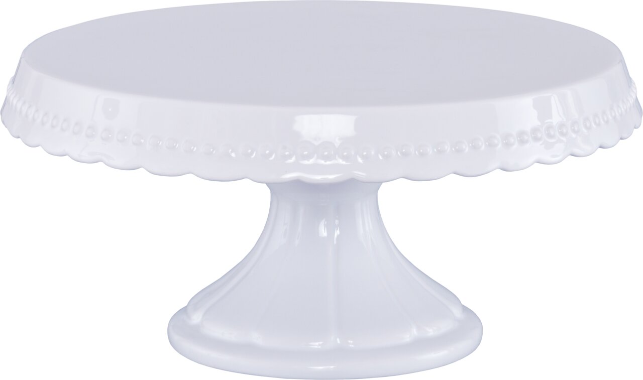 Weiße Tortenplatte mit dekorativem Rand, seitliche Perspektive