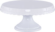 Weiße Tortenplatte mit dekorativem Rand, seitliche Perspektive