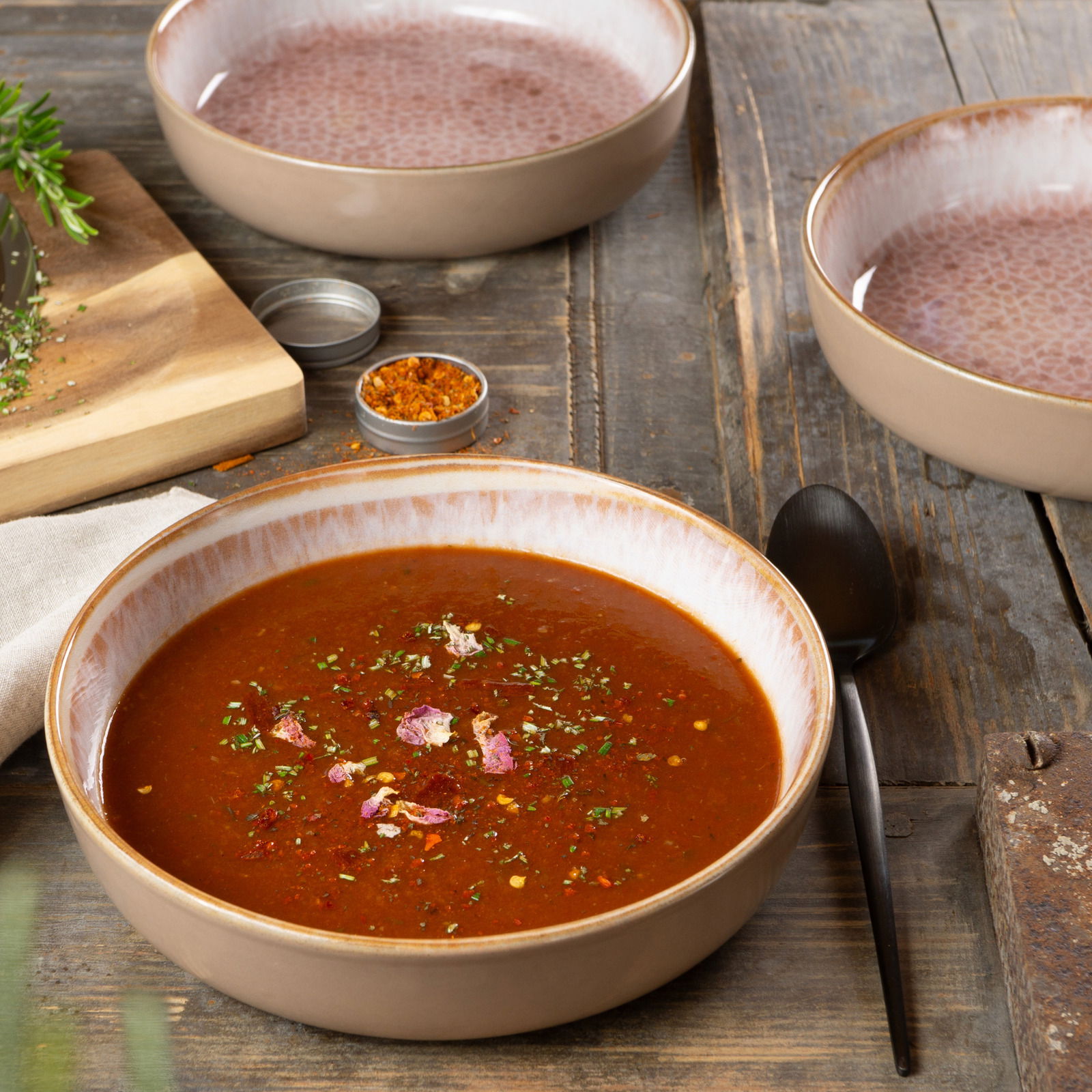 Nahaufnahme eines Geschirrsets Terra mit Suppenschalen auf einem rustikalen Holztisch, gefüllt mit roter Suppe und dekoriert mit Kräutern.