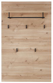 Garderobenpaneel aus Holz mit mehreren schwarzen Haken und einer Ablage, Frontalansicht