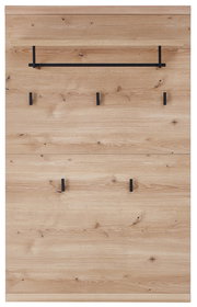 Garderobenpaneel aus Holz mit mehreren schwarzen Haken und einer Ablage, Frontalansicht