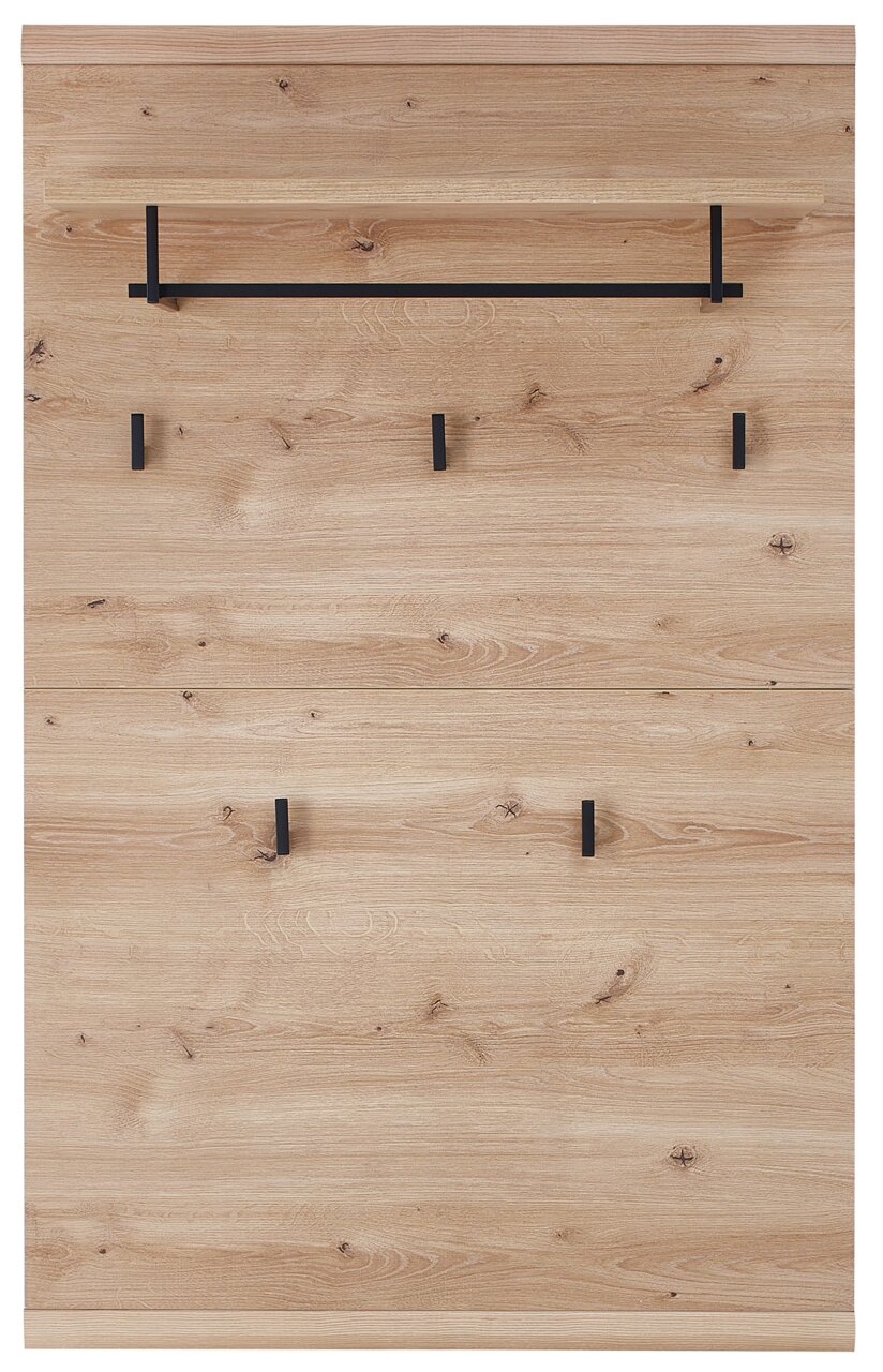 Garderobenpaneel aus Holz mit mehreren schwarzen Haken und einer Ablage, Frontalansicht