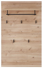 Garderobenpaneel aus Holz mit mehreren schwarzen Haken und einer Ablage, Frontalansicht