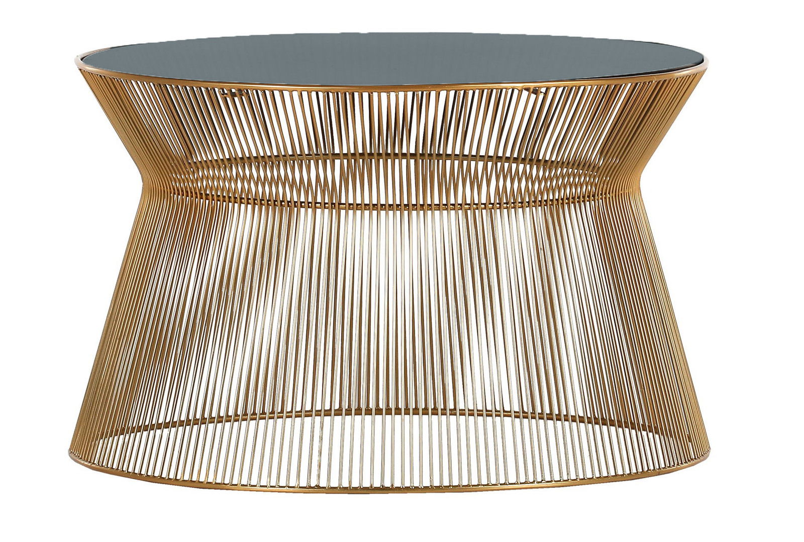 Moderner Couchtisch mit goldenen Metallstreben und runder Glasplatte, seitliche Perspektive