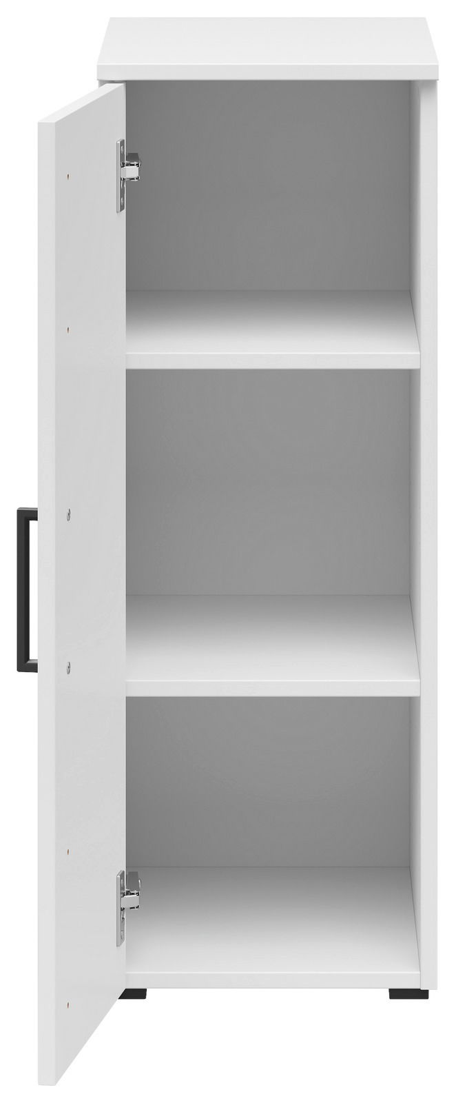 Weißer Mehrzweckschrank mit geöffneter Tür, zwei Einlegeböden und seitlicher Perspektive.