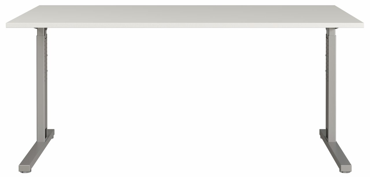 MID.YOU Schreibtisch PROFI 2.0 Moderner Schreibtisch mit weißer Tischplatte und grauem Metallgestell, Frontalansicht.