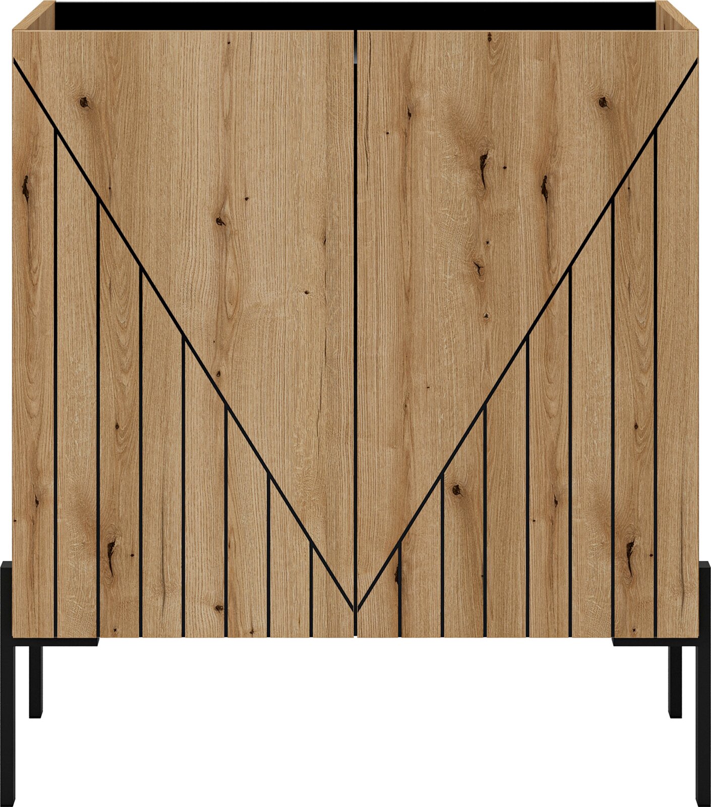Frontansicht einer modernen Kommode mit Holzoptik und schwarzen Linienakzenten.