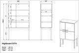 Technische Zeichnung eines Highboards mit den Maßen Breite: 86 cm, Höhe: 147 cm, Tiefe: 47 cm. Frontansicht und Seitenansicht des Möbelstücks mit zwei Türen und vier Beinen.