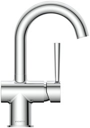 Moderne Waschtischarmatur aus Chrom in Seitenansicht mit gebogenem Auslauf und seitlichem Hebel.
