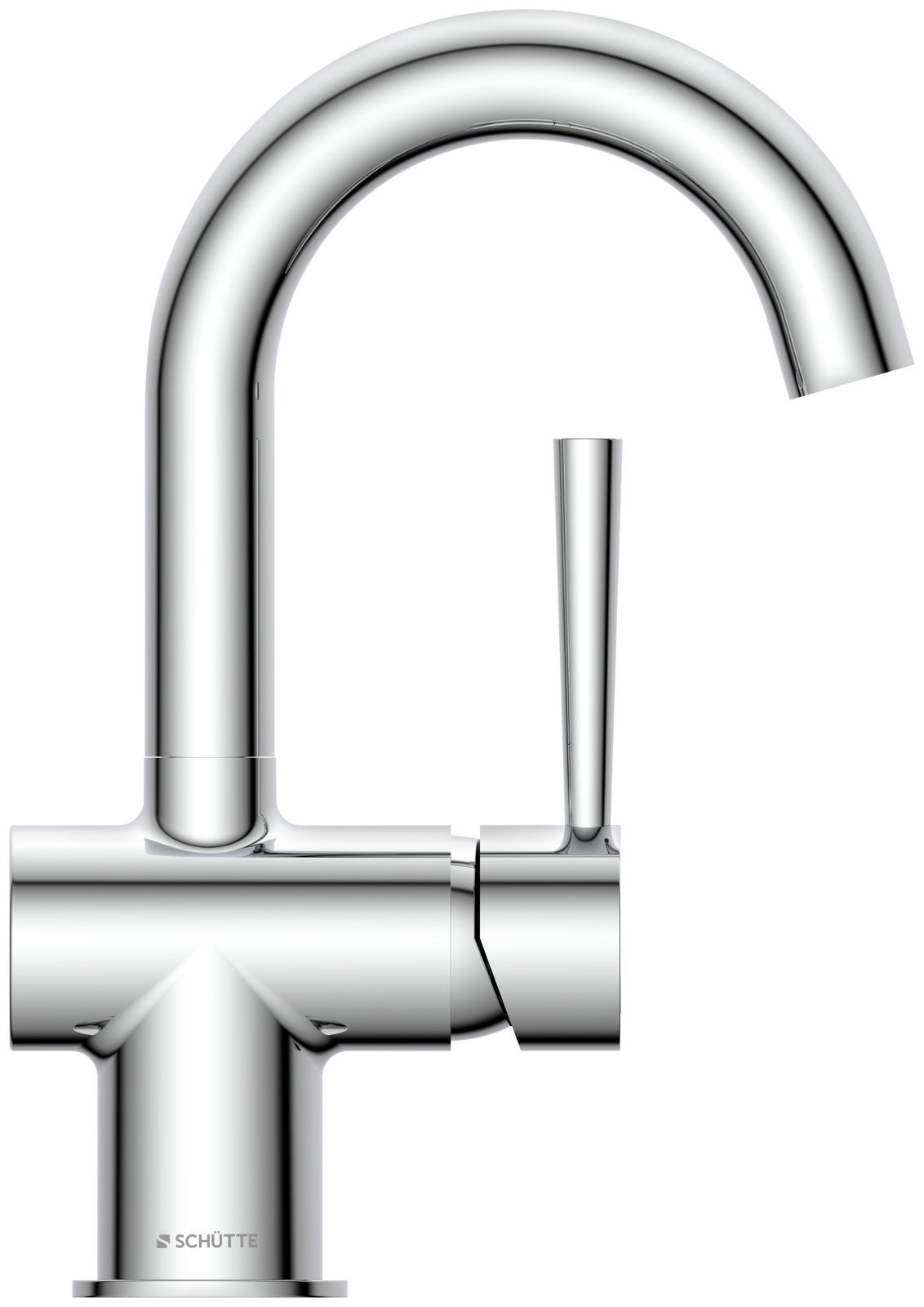 Moderne Waschtischarmatur aus Chrom in Seitenansicht mit gebogenem Auslauf und seitlichem Hebel.