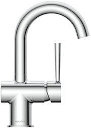 Moderne Waschtischarmatur aus Chrom in Seitenansicht mit gebogenem Auslauf und seitlichem Hebel.