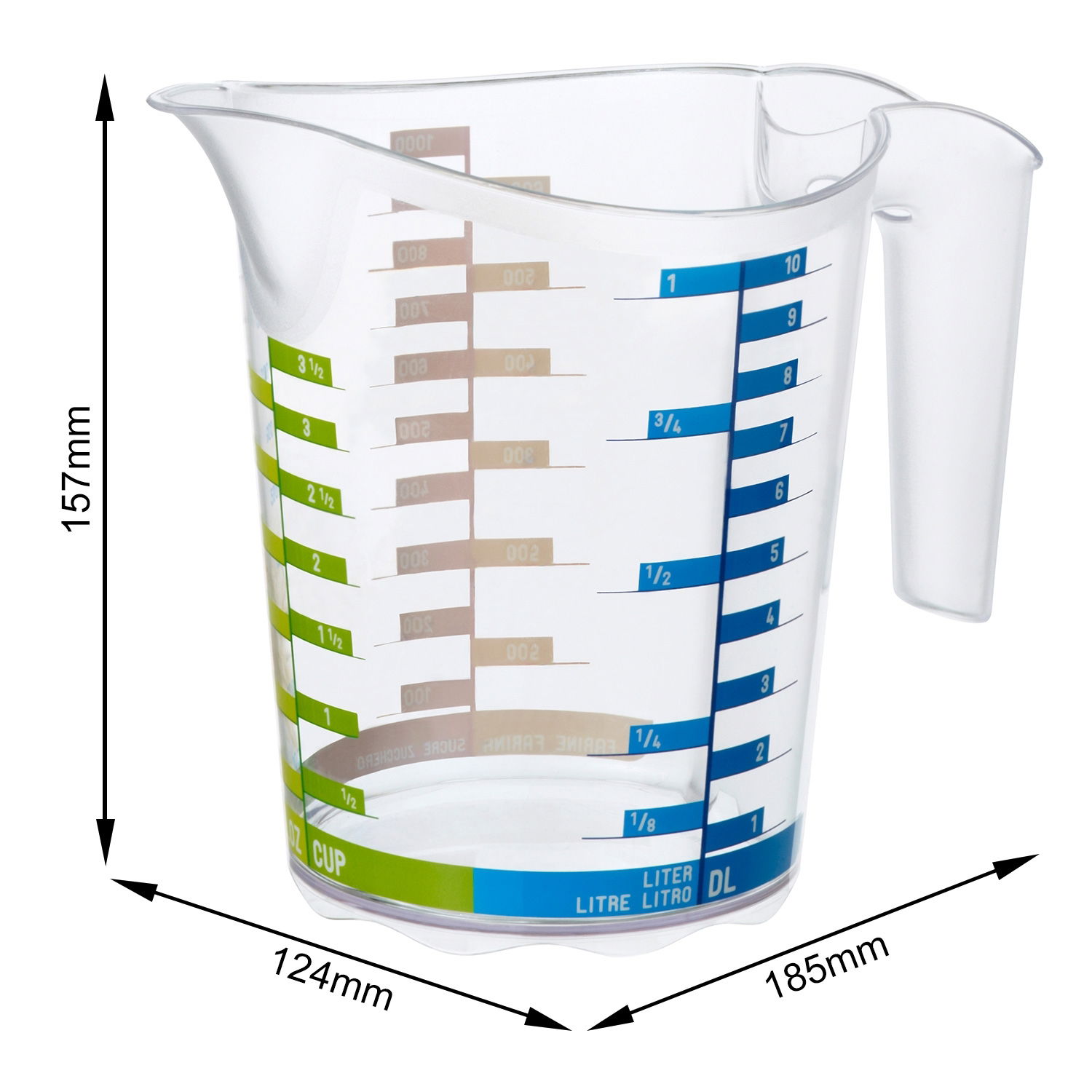 Transparenter Messbecher Domino 1L mit farbigen Skalen für Cups, Liter und Deziliter, seitliche Perspektive