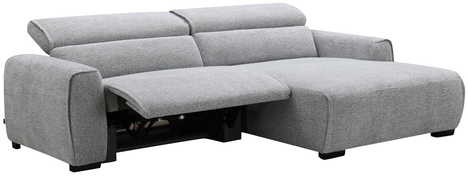 Graues Ecksofa ALEXANDRA mit verstellbarer Rückenlehne und ausklappbarem Fußteil, Perspektive von vorne links