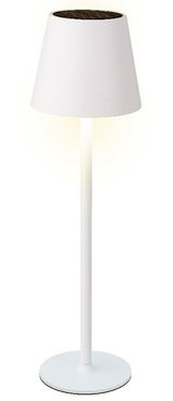 Weiße Solar Tischleuchte mit rundem Lampenschirm, seitliche Perspektive