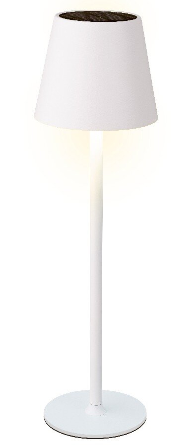 Lumineo Solar Tischleuchte Weiße Solar Tischleuchte mit rundem Lampenschirm, seitliche Perspektive