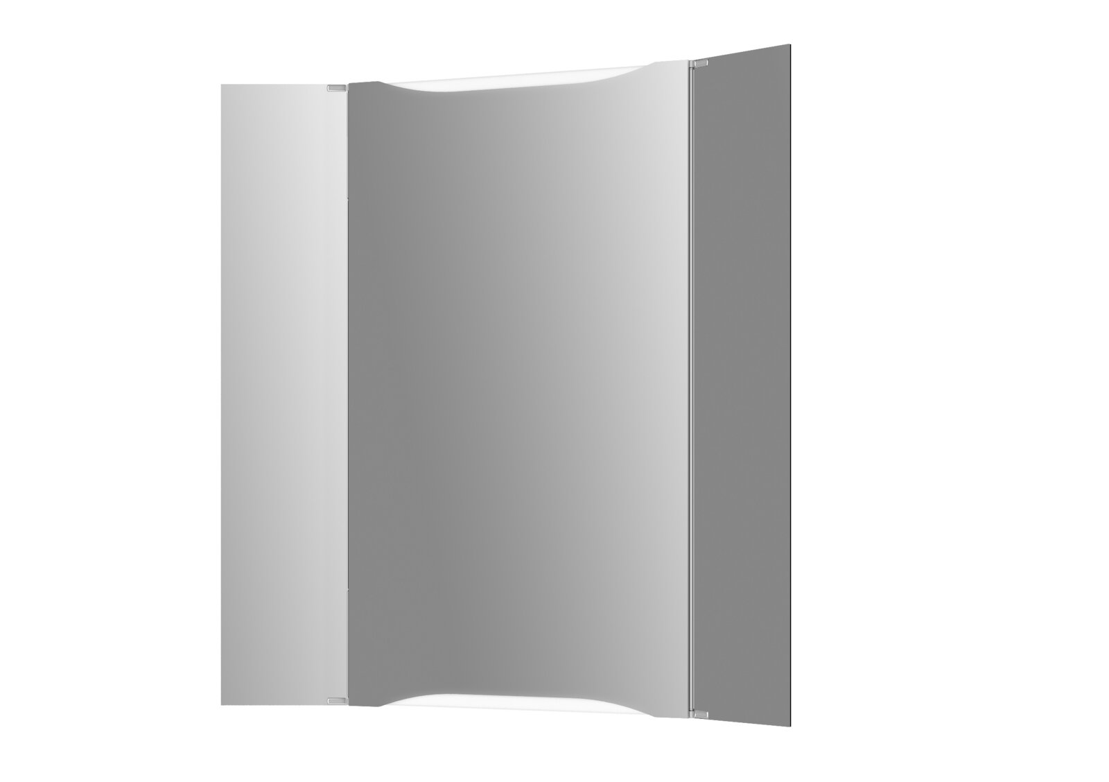 Dreiteiliger Badezimmerspiegel mit zwei seitlichen Flügeltüren in Silber/Spiegeloptik, geöffnet, Frontansicht leicht schräg von rechts