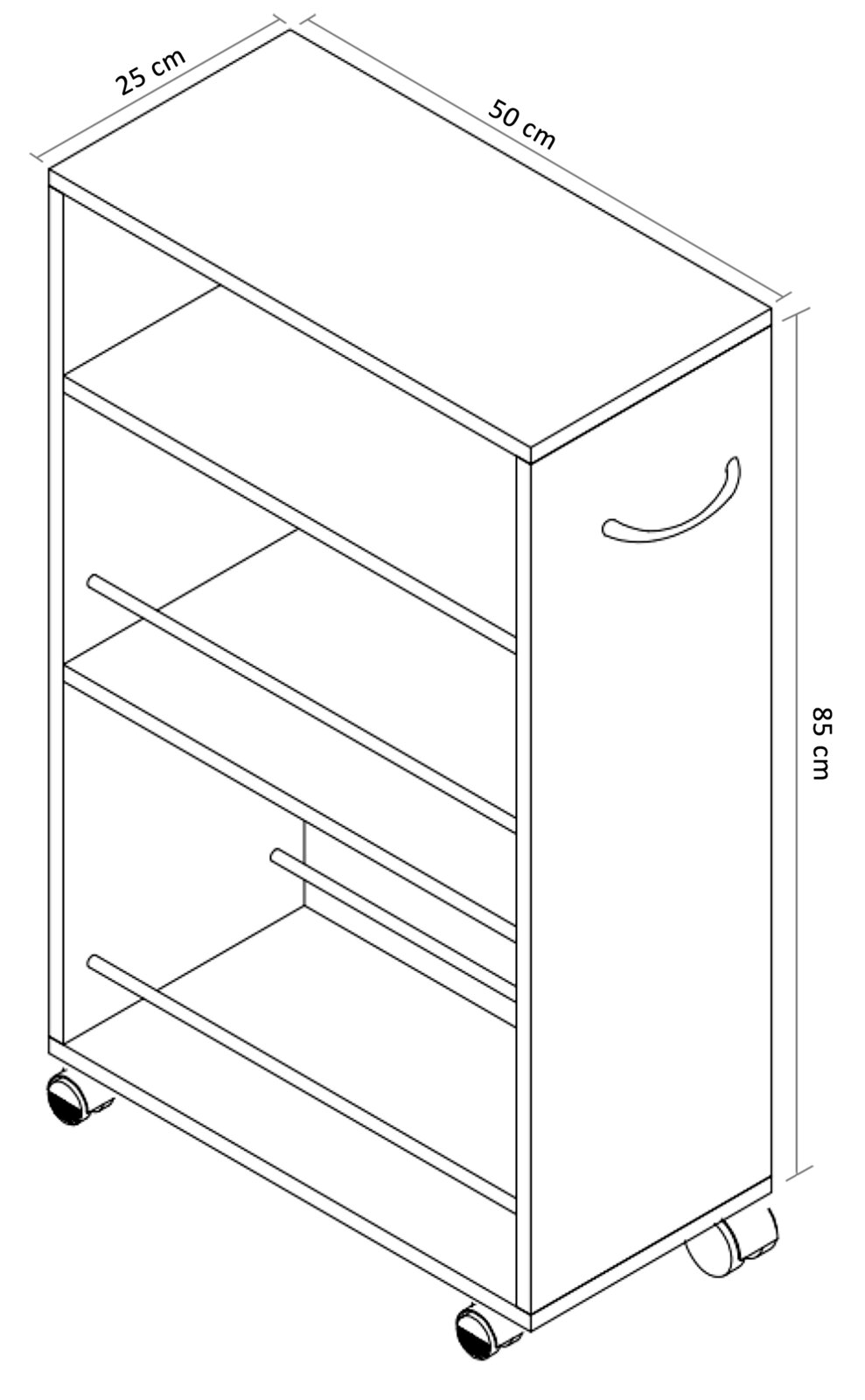 Technische Zeichnung eines schmalen Rollwagens/Regals mit Ablagefächern und Griff, Maße 50 x 25 x 85 cm, dargestellt in schräger Vorderansicht (Perspektive von oben vorn).