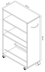 Technische Zeichnung eines schmalen Rollwagens/Regals mit Ablagefächern und Griff, Maße 50 x 25 x 85 cm, dargestellt in schräger Vorderansicht (Perspektive von oben vorn).