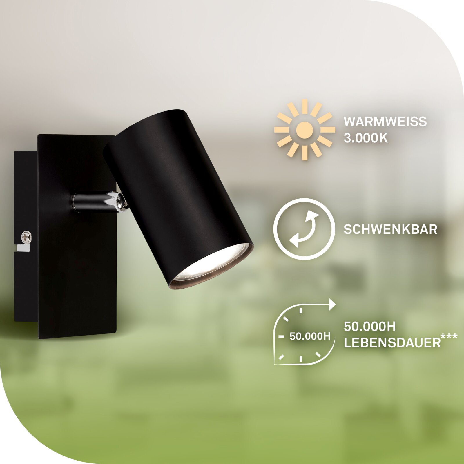 Zwarte zwenkbare LED-wandlamp met warmwit licht van 3000 K en een levensduur van 50.000 uur, schuin van voren afgebeeld tegen een groene achtergrond.