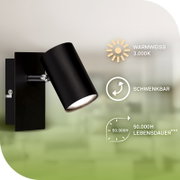 Zwarte zwenkbare LED-wandlamp met warmwit licht van 3000 K en een levensduur van 50.000 uur, schuin van voren afgebeeld tegen een groene achtergrond.