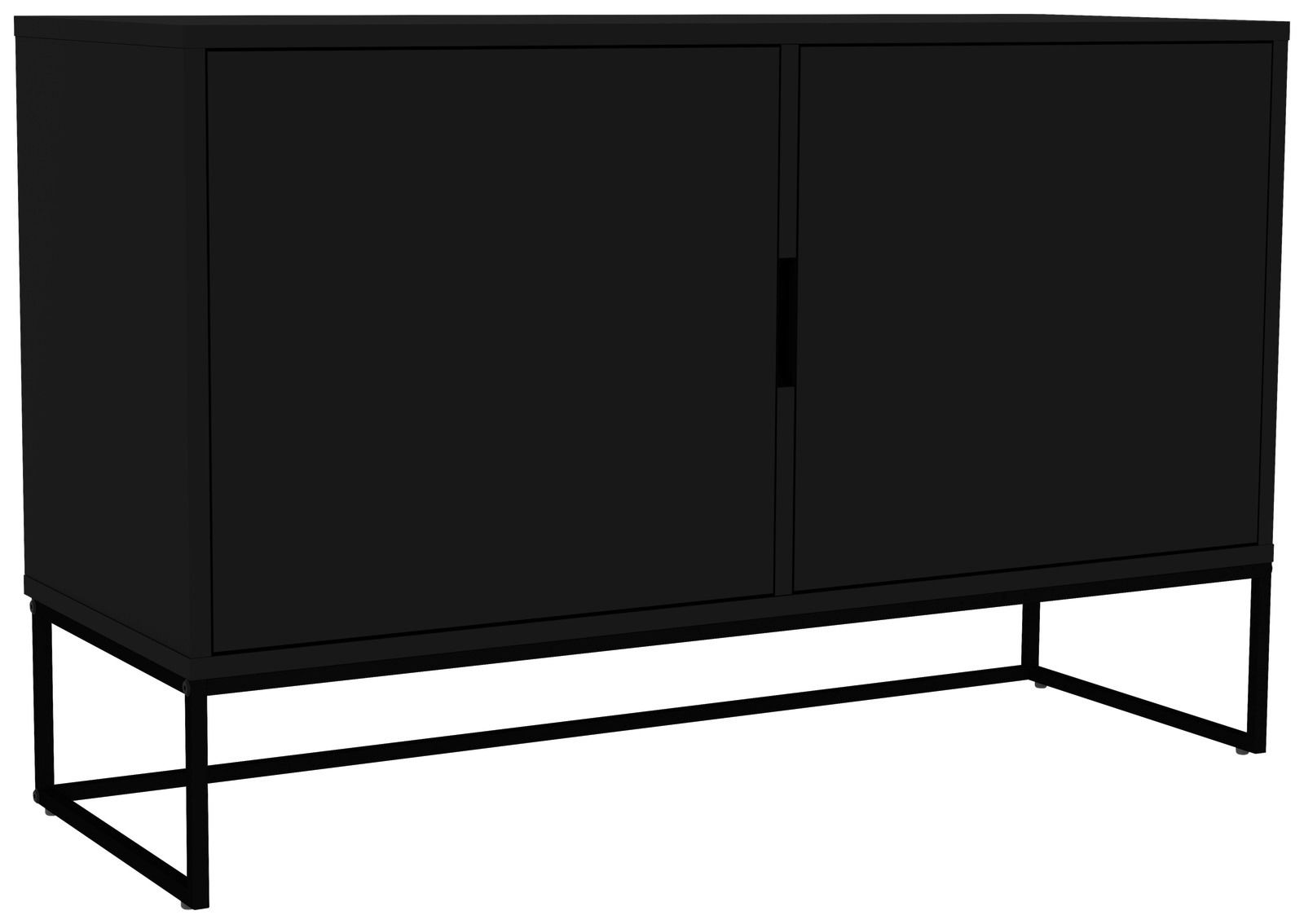 Schwarzes Sideboard mit zwei Türen, auf einem Metallgestell stehend, seitliche Perspektive