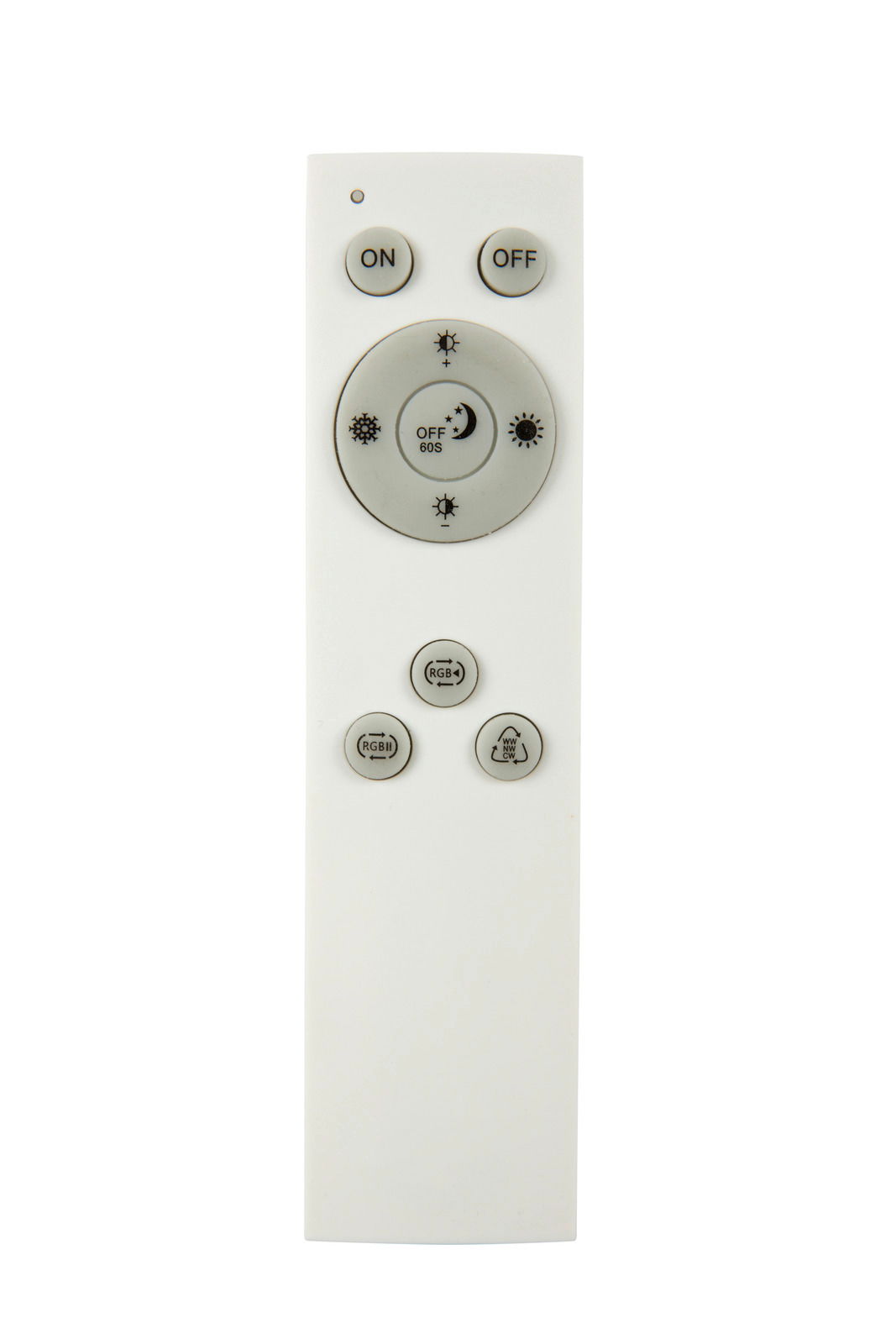 Fernbedienung für LED-Deckenleuchte Talvi, Vorderansicht mit verschiedenen Tasten zur Steuerung von Helligkeit und Farbe.
