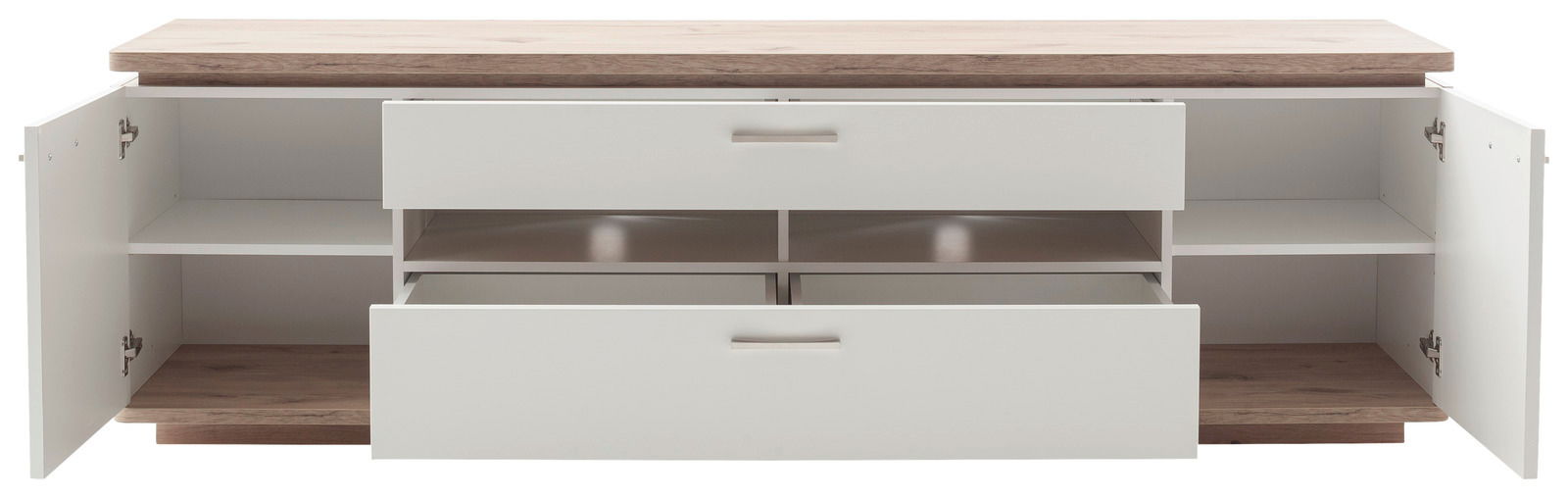 TV-Lowboard mit zwei offenen Schubladen und zwei offenen Türen, Frontansicht