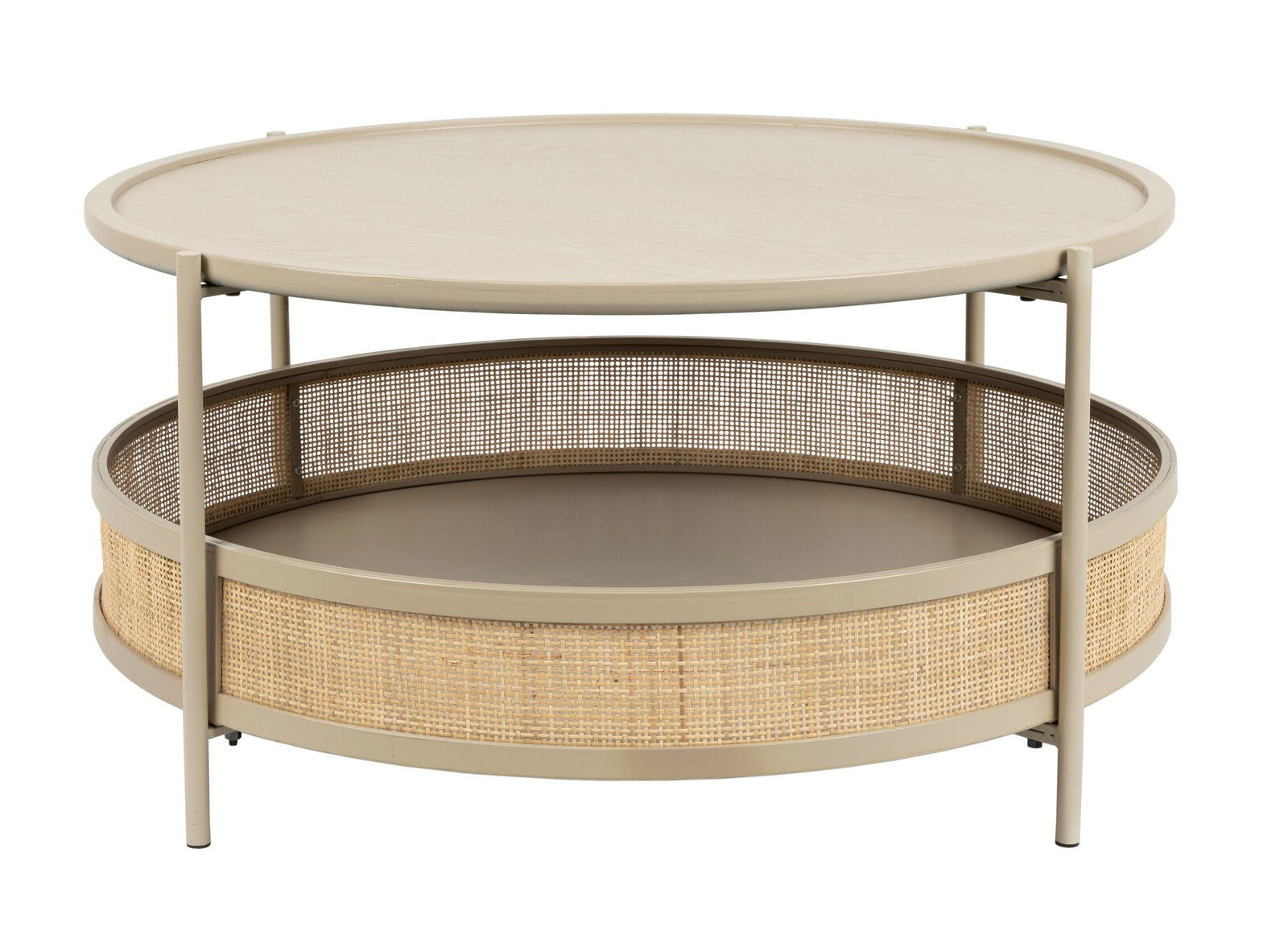 Runder Couchtisch mit zwei Ebenen, Metallrahmen und Korbgeflecht, seitliche Perspektive