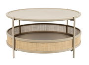 Runder Couchtisch mit zwei Ebenen, Metallrahmen und Korbgeflecht, seitliche Perspektive