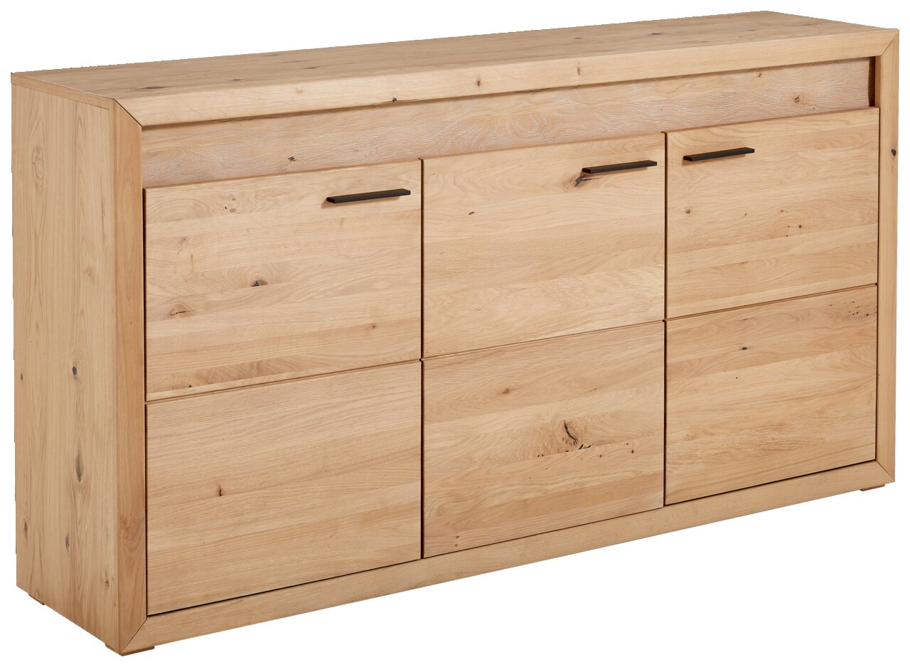 Licht houten dressoir met zes deuren en zwarte handgrepen, zijaanzicht
