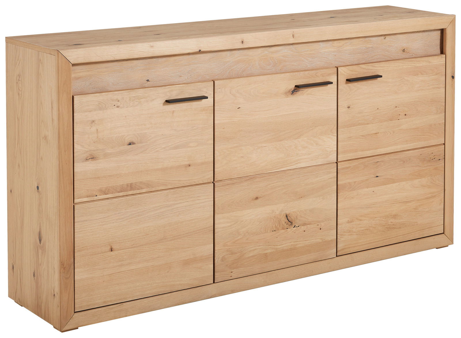 Helles Holz-Sideboard mit sechs Türen und schwarzen Griffen, seitliche Perspektive
