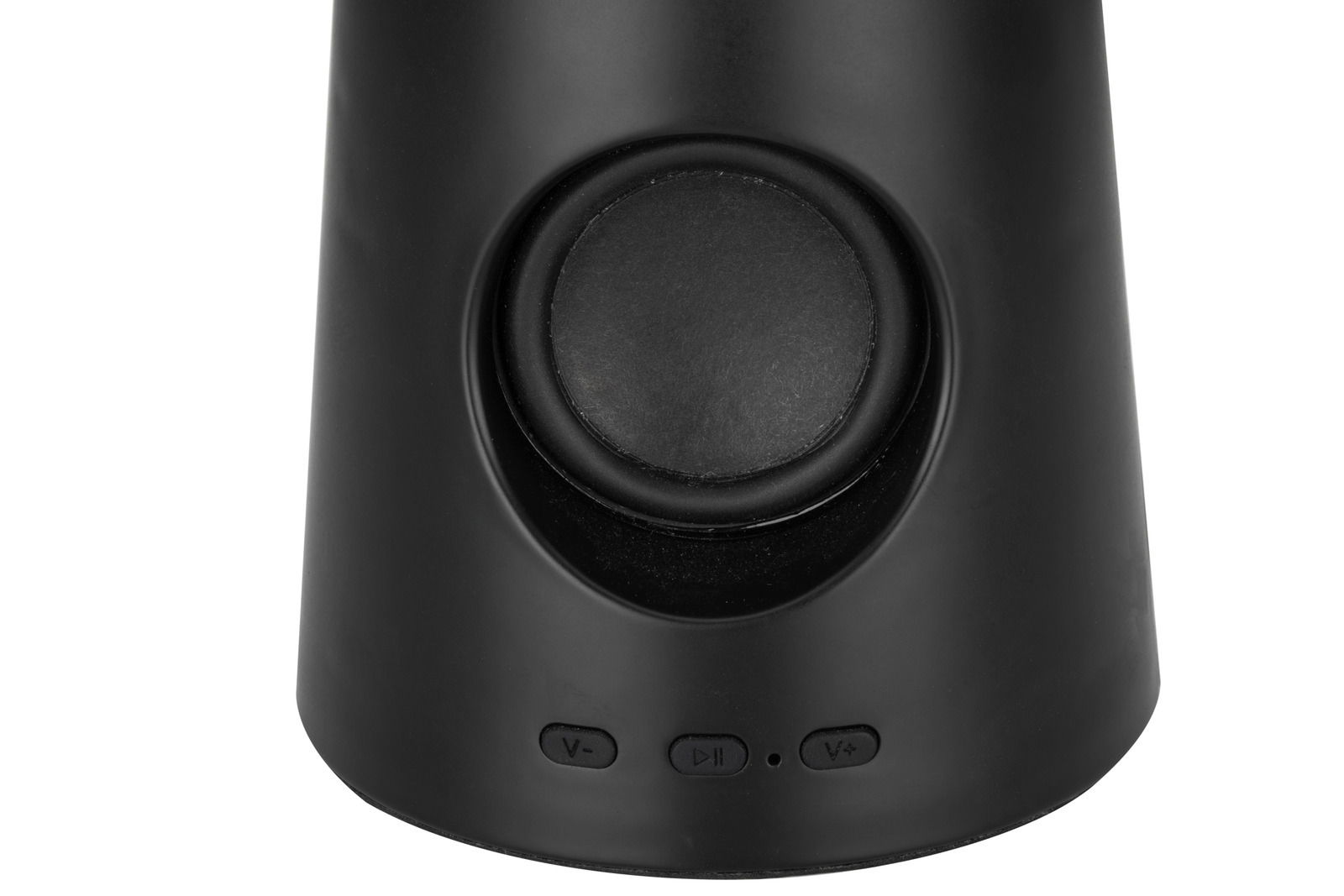 Nahaufnahme einer schwarzen LED-Dekoleuchte mit Bedienelementen an der Vorderseite.