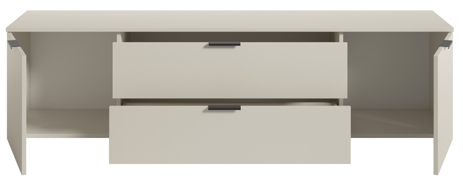 Vooraanzicht van een tv-lowboard met twee open lades en twee open deuren in een modern, minimalistisch ontwerp.
