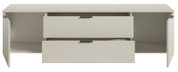 Vooraanzicht van een tv-lowboard met twee open lades en twee open deuren in een modern, minimalistisch ontwerp.
