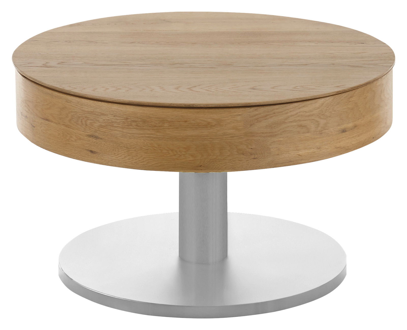 Runder Couchtisch aus Holz mit Metallfuß, seitliche Perspektive