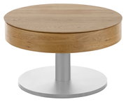 Runder Couchtisch aus Holz mit Metallfuß, seitliche Perspektive