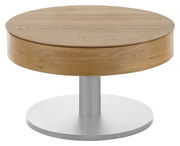 Runder Couchtisch aus Holz mit Metallfuß, seitliche Perspektive