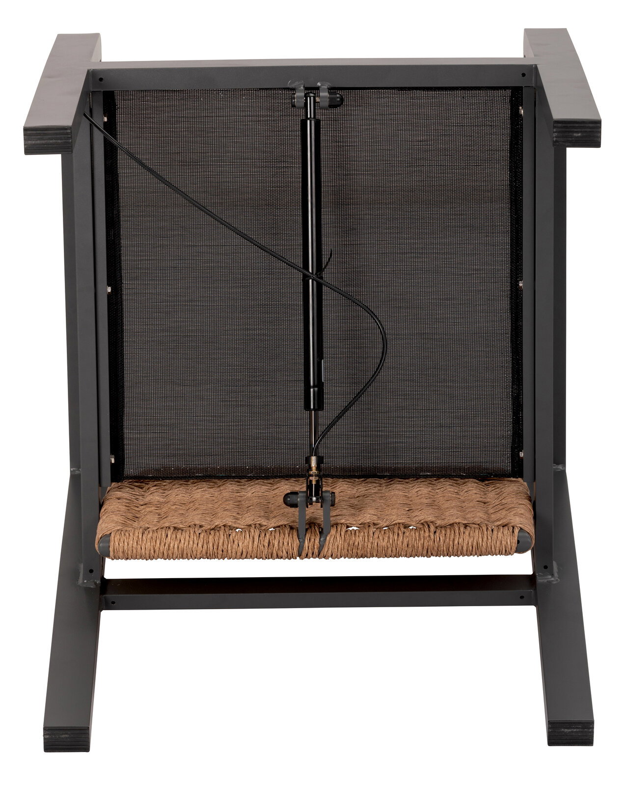 Rückansicht eines Loungesessels mit schwarzem Metallrahmen und geflochtener Sitzfläche.