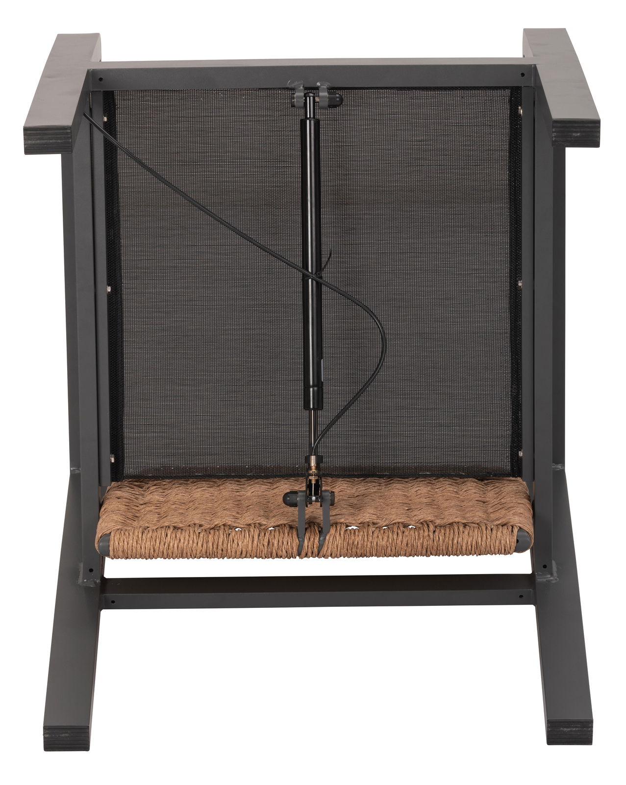 Rückansicht eines Loungesessels mit schwarzem Metallrahmen und geflochtener Sitzfläche.