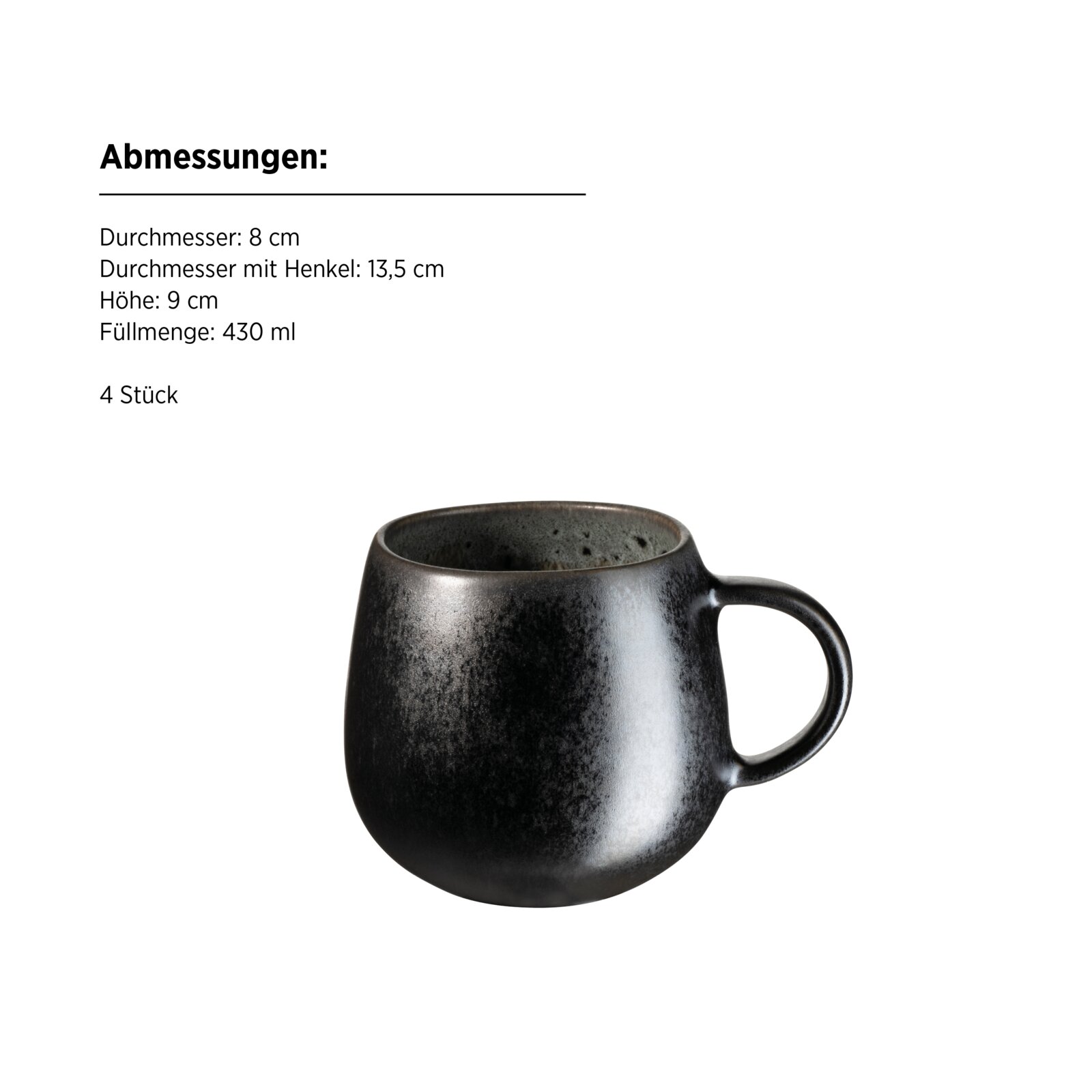 Schwarze, gesprenkelte Keramik-Tasse mit Henkel (430 ml) vor weißem Hintergrund, seitliche Ansicht leicht von oben